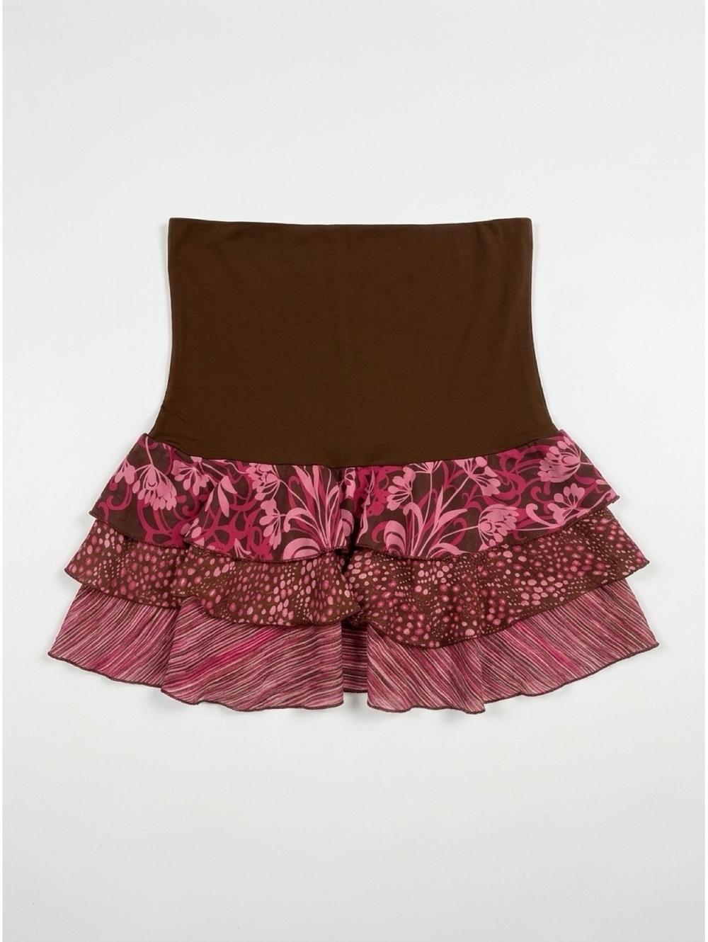 XOXO Women's Medium Brown and Pink Tiered Ruffle Mini Skirt Y2K